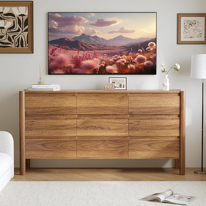 Dresser for Bedroom with 9 Drawers,63" Wide Walnut Dresser with 4 Solid Wood Legs, Wooden TV Stand,Closet Clothes Organizer for Bedroom, Hallway