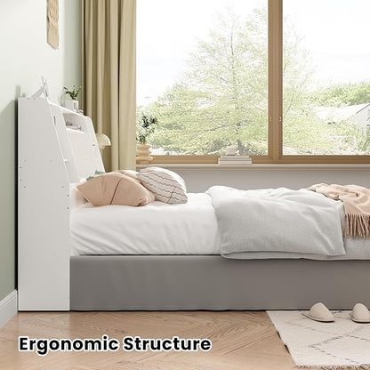 King Size Headboard Only for Bed, Wood Bookcase Headboard with Charging Station & 2 LED Lights, Modern King Bookshelf Headboard with Storage, Noise-Free, Sturdy and Durable, White