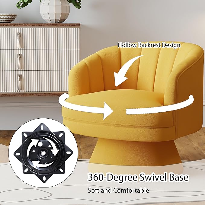 Swivel Accent Chair,Upholstered Velvet 360° Swivel Barrel Chair for Living Room Overstuffed Bouncle Reading Chair Round Armchair for Bedroom,Vanity,Office (Mustard)