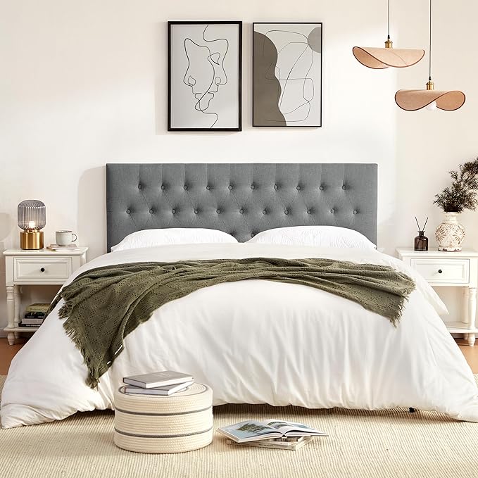 Tufted Upholstered Headboard King Size, Solid Wood Head Board with Durable Metal Legs, Adjustable Height Bed headboard from 37” to 51” Fabric Headboard in Modern Button Design, Grey