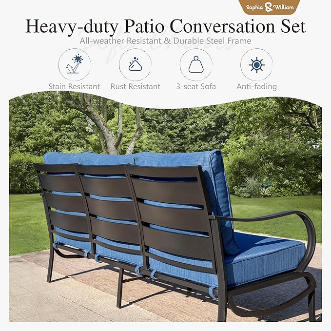 Sophia & William Patio Furniture Sets 6 Pcs Outdoor Conversation Set for 7,2 x Cushioned Swivel Sofa Chairs,1 x 3-Seat Sofa,2 Ottomans, Marbling Metal Coffee Table Backyard Poolside Peacock Blue