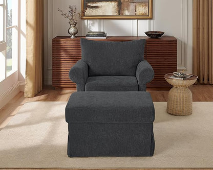 Modern Accent Chairs with Ottoman, Comfy Chenille Reading Armchair with Rolled Arms and Cushion Backrest, 35.8" W Chaise Lounge Chair for Living Room, Bedroom, Study, Apartment, Dark Grey