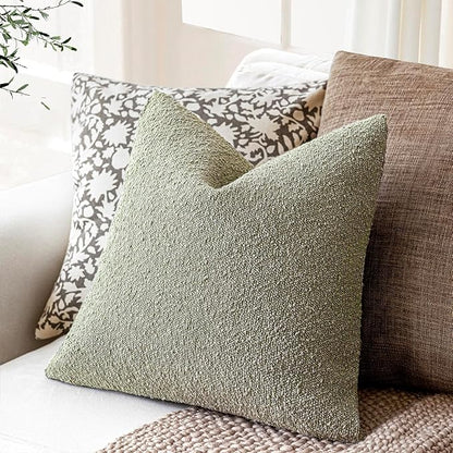 Foindtower Pack of 2, Decorative Textured Boucle Throw Pillow Covers Accent Solid Pillow Cases Cozy Soft Couch Cushion Case for Chair Sofa Bedroom Living Room Home Decor 22x22 Inch Dirty Sage Green