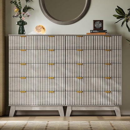 46" Tall Dresser for Bedroom, 6-Drawer Fluted Chest of Drawers, Modern Wood Highboy with Deep Storage, Metal Slides and Handles, Anti-Tip Kit, Vertical Clothes Organizer for Apartment, Nursery