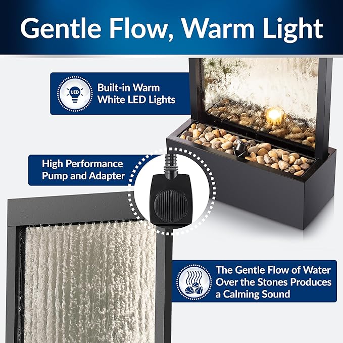 Alpine Corporation Mirror Waterfall Fountain with Stones and Lights - Zen Indoor/Outdoor Decor for Office, Living Room, Patio, Entryway - 72 Inches