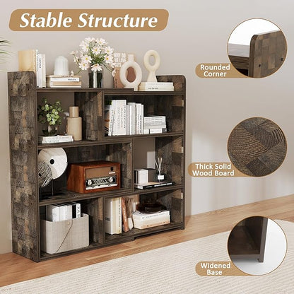 NOBPEINT Wooden Expandable Bookcase, 3-Tier Ladder Open Storage Bookshelf, Storage Organizer Bookcase for Study Office Living Room, Brown