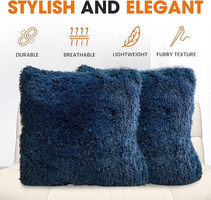 Cheer Collection Throw Pillows for Couch and Bed, Soft Shaggy Throw Pillows with Inserts Included, Cozy Long Hair Faux Fur Pillows - Set of 2-22" x 22" Navy