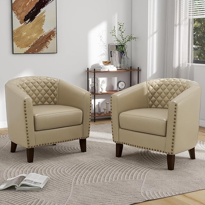 Pia Ricco Faux Leather Barrel Chairs Set of 2, Modern Comfy Accent Chairs, Upholstered Armchair Club Chairs with Nailhead Trim, Single Sofa Barrel Chair for Living Room Reading Room, Beige