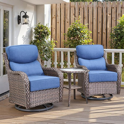 Belord Luxury 6" Thick Cushioned Outdoor Swivel Rocker Patio Chairs with Side Table, 3 Pieces High Back Wicker Furniture Set with Ergonomic Back, Conversation Gliders Set for Deck Porch - Brown+Blue
