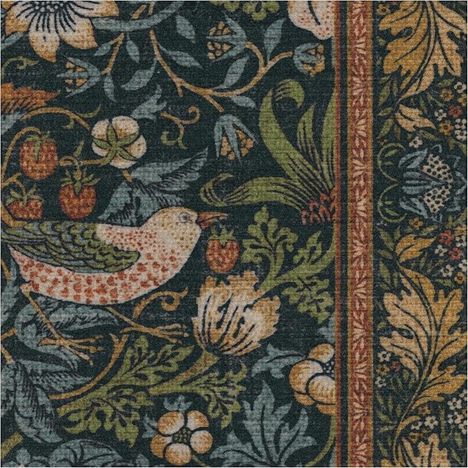 RUGGABLE x Morris & Co Machine Washable Runner Rug – Strawberry Thief Indigo 2.5x10, Stain-Resistant, Non-Slip – Washable Rug for Hallway, Entryway, Living Room & Kitchen–with Standard Pad