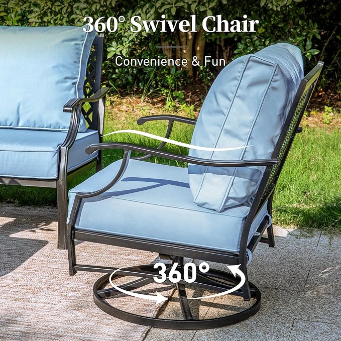 4 Piece Metal Outdoor Patio Furniture Set, Patio Conversation Sets 1 3-seater Sofa, 2 Swivel Chair with 5.75" Extra Thick Cushion and Coffee Table, Black Frame Backyard Furniture, Blue