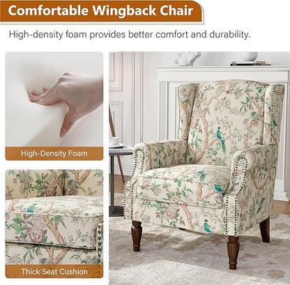 Wingback Accent Chairs Set of 2, High Back Upholstered Armchair, Printed Fabric Wingback Arms Chairs with Wood Legs, Single Sofa Reading Chair for Bedroom Living Room, Bird
