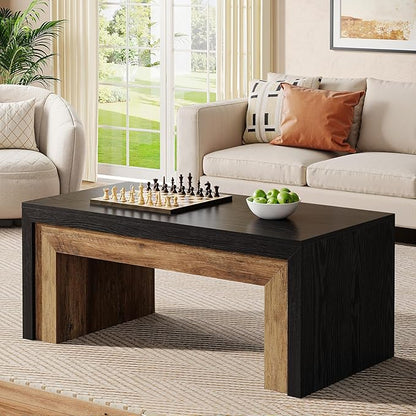 Tribesigns Farmhouse Coffee Table for Living Room, Mid-Century Modern Coffee Table with Sturdy Base, Large Rectangle Accent Center for Apartment, Easy Assembly (Black & Walnut)