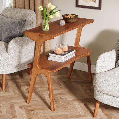 Tribesigns Set of 2 Narrow Side Table, 2-Tier Solid Wood End Table with Storage, Modern Couch Side Table for Living Room, Slim Bedside Table for Bedroom, Small Spaces, Walnut