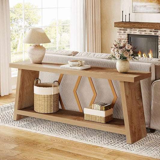 Tribesigns 70.86-Inch Extra Long Console Table for Living Room, 2-Tier Sofa Table Behind Couch with Storage, Wooden Console for Entryway Hallway, Light Oak Brown