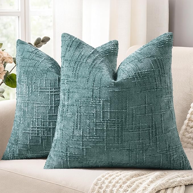 decorUhome Teal Chenille Throw Pillow Covers 22x22 Set of 2 Thick Textured Slubby Couch Pillow Covers Farmhouse Accent Modern Neutral Decorative Pillow Cases for Bed Sofa Living Room