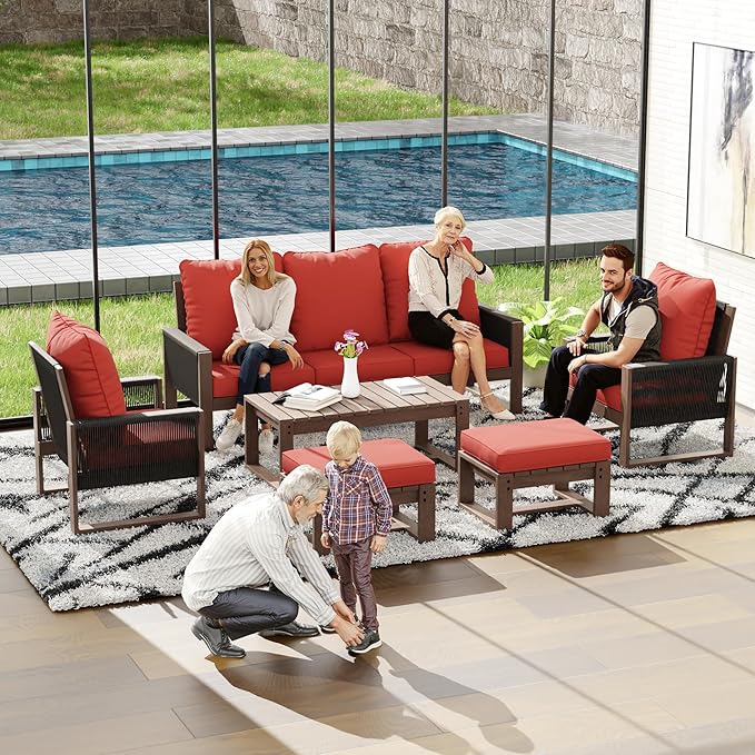 6 Piece Patio Furniture Set with 3-Seat Sofa, 2 Porch Armchairs, 2 Ottoman and 1 Coffee Table Wicker Outdoor Conversation Set for Garden, Terrace, Porch, Balconies, Lawns
