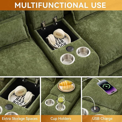 125'' U Shaped Cloud Modular Sofa with Chaise Lounges, Chenille Upholstered Comfy Sectional Couch with Storage Console, USB Charging Ports & Cup Holders, Small Deep Seat Sofa for Living Room, Green