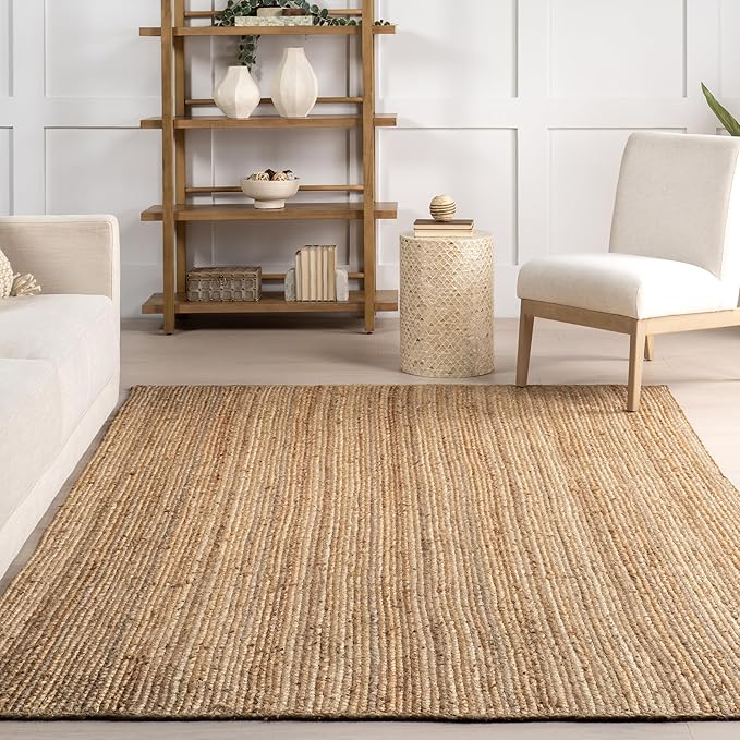 nuLOOM 5 Round Rigo Jute Hand Woven Area Rug, Natural, Solid Farmhouse Design, Natural Fiber, For Bedroom, Living Room, Dining Room, Hallway, Office, Kitchen, Entryway