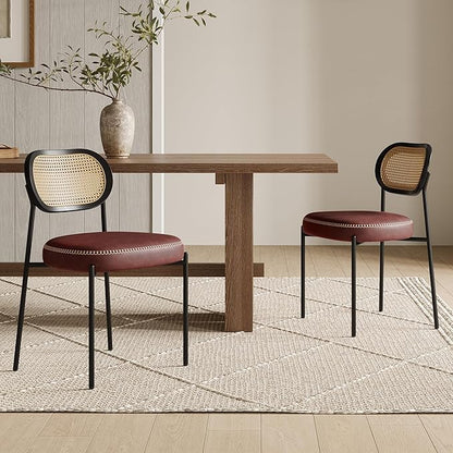 Rattan Dining Chairs Set of 4, Wine Leather Upholstered Dining Chairs with Rattan Cane Back, Mid Century Modern Dining Room Chairs with Black Metal Legs & D-Shaped Thicken Cushion, Wine