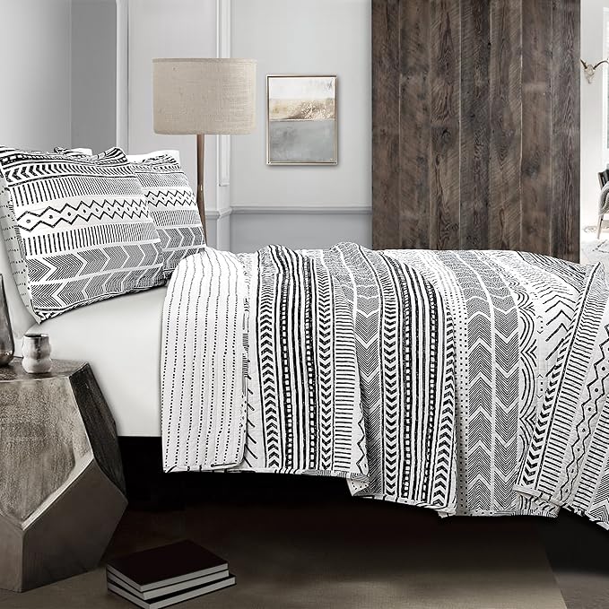 Lush Decor Hygge Geo Pattern Striped 3 Piece Quilt Bedding Set, King, Black & White