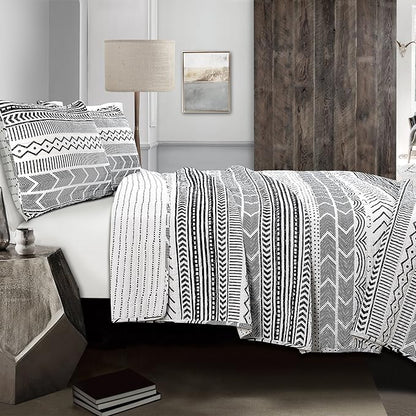 Lush Decor Hygge Geo Pattern Striped 3 Piece Quilt Bedding Set, King, Black & White