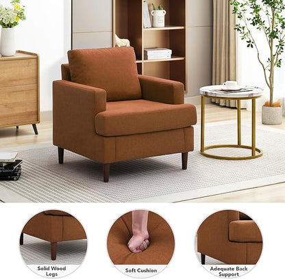 Mid-Century Accent Chair,Modern Linen Fabric Armchair for Living Room,Comfy Upholstered Reading Accent Chairs for Bedroom,Single Sofa Chair with Wood Legs (Orange, 1 Pack)