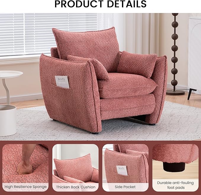Chenille Oversized Accent Chairs, Modern Oversized Armchair with Removable Pillow, Comfy Living Room Chair with Side Pocket Storage for Bedroom, Office, Pink