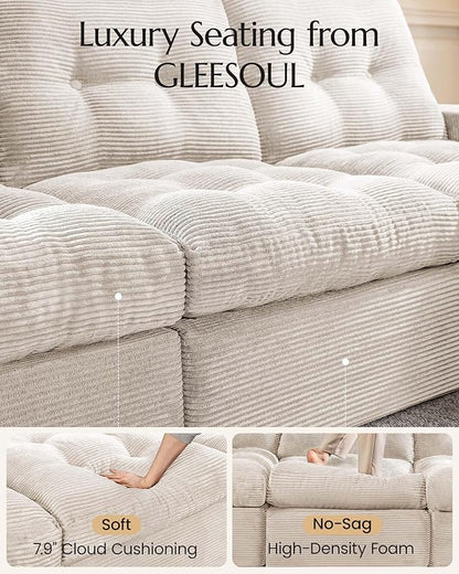 High Back Boneless Couch, U Shaped Cloud Couch with Versatile 2-Pack Pillow Blankets, Corduroy Modular Sectional Sofa with Ottoman, No Assemble Sectional Couches for Living Room, Warm White