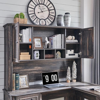 T4TREAM 59" Executive L Shaped Desk with Hutch,Victorian Wood Computer Desk, Featuring Charging Station,File Drawer, Storage Cabinet,for Home Office Work and Study (Dark Rustic Oak)