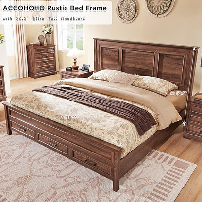 ACCOHOHO Farmhouse King Size Bed Frame with 52" Tall Headboard, Wood Platform Bedframe with Footboard and Storage Drawers, No Squeak, No Box Spring Needed, Brown