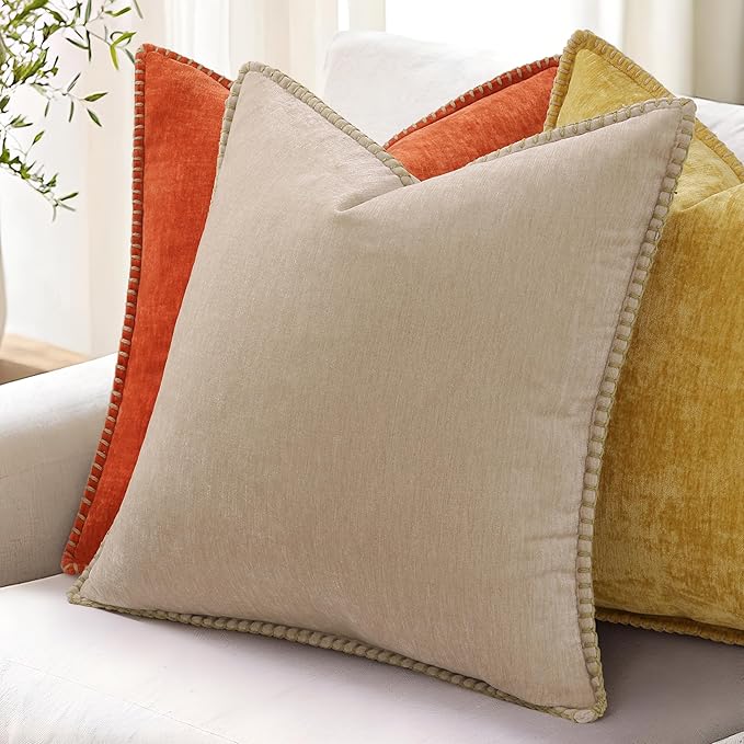 decorUhome Chenille Soft Throw Pillow Covers 20x20 Set of 2, Farmhouse Velvet Neutral Decorative Euro Pillow Covers with Stitched Edge for Couch Sofa Bed Home Decor, Beige
