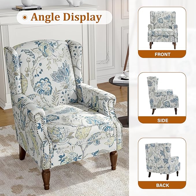 Floral Wingback Accent Chair, High Back Upholstered Armchair, Comfy Fabric Wingback Arms Chairs with Retro Solid Wood Legs, Single Sofa Reading Chair for Bedroom Living Room, Plants Blue