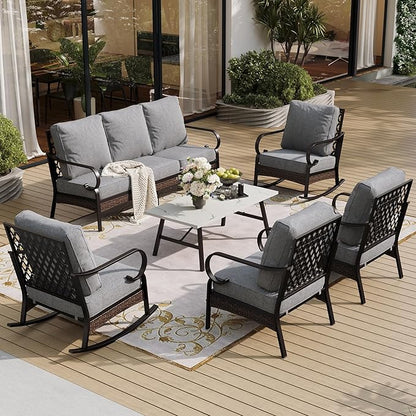 6 Piece Metal Outdoor Patio Furniture Set, Patio Conversation Set with 1 3-Seater & 2 Fixed Sofas, 2 Rocking Sofas, 5.75" Thick Cushion & Coffee Table, Black & Gray Backyard Furniture