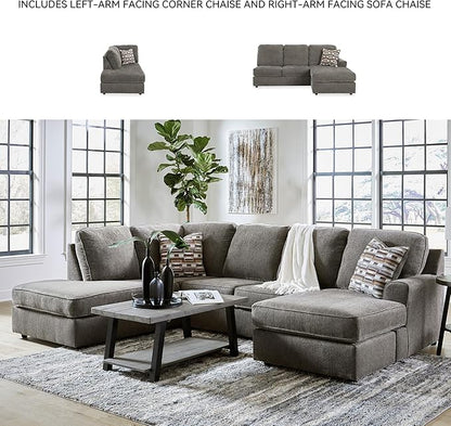 Signature Design by Ashley O'Phannon Casual Left-Arm Facing Herringbone Chenille 2-Piece Sectional with Chaise, Loose Seat Cushions and 2 Throw Pillows, Gray
