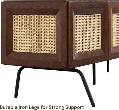 NTC Mossic TV Media Cabinet with 3 Doors for TVs, Entertainment Center with Natural Rattan, Metal Legs, Modern Storage Console for Living Room and Bedroom, Effortless Assembly, Dark Walnut