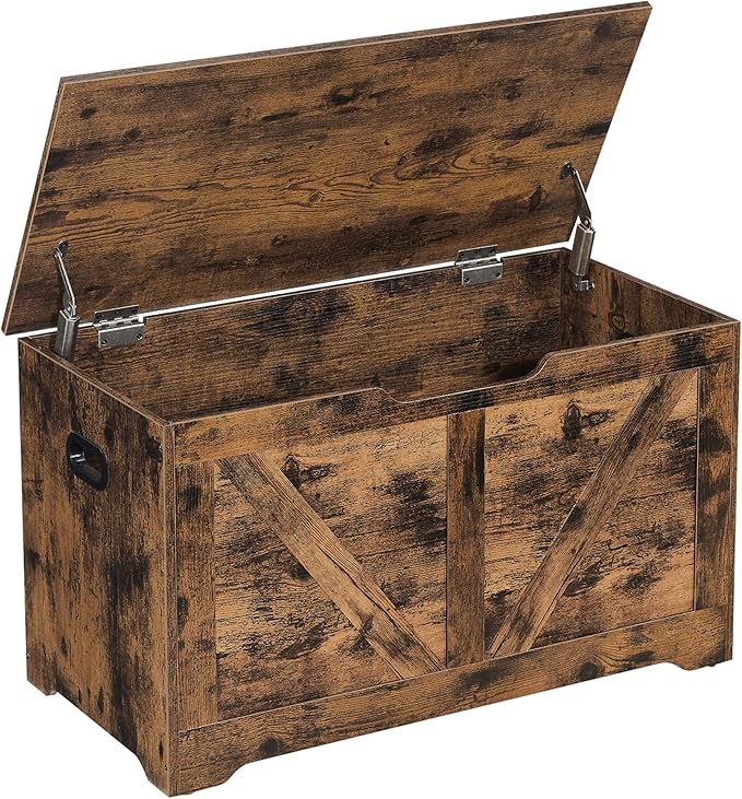 VASAGLE Storage Chest, Storage Trunk with 2 Safety Hinges, Storage Bench, Shoe Bench, Farmhouse Style, 15.7 x 31.5 x 18.1 Inches, for Entryway, Bedroom, Living Room, Rustic Brown ULSB062T01