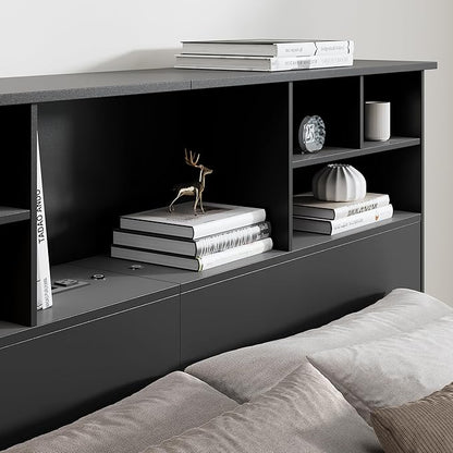 Queen/Full Headboard Only for Bedroom, Stylish Bookcase Headboard with Charging Station & 2 LED Lights, Engineered Wood Queen Size Headboard, Noise-Free HeadBoard with Storage, Black