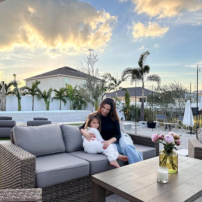 Swivel Glider 6 Piece Outdoor Furniture Set with Swivel Chairs, Wicker Patio Furniture with 4.92" Wide Armrest, 26.3" Deep Seating and 5.5" Thick Cushions, Grey