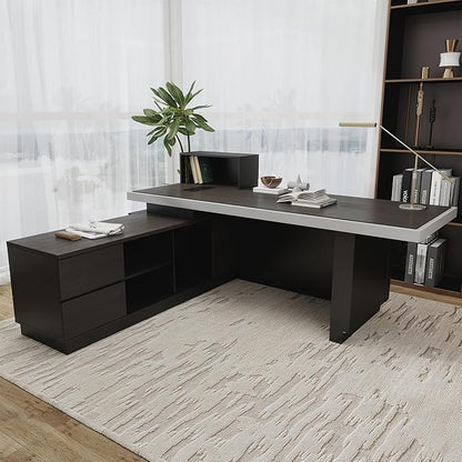 SAINTCY 86" Executive Desk with Drawers - L Shaped Desk with File Cabinet, Black Executive Office Desks with LED Light, Home Office Desk,2.6" Thickened Desktop