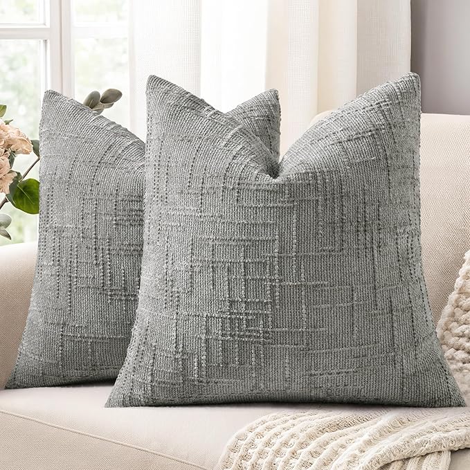 decorUhome Neutral Grey Chenille Throw Pillow Covers 24x24 Set of 2 Thick Textured Slubby Couch Pillow Covers Farmhouse Accent Modern Neutral Decorative Pillow Cases for Bed Sofa Living Room