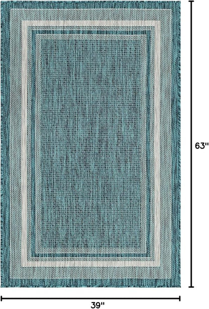 Unique Loom Outdoor Border Collection Area Rug - Soft Border (3' 3" x 5' 3" Rectangle, Teal/ Ivory)