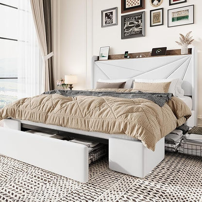 SHA CERLIN Queen Bed Frame with 3 Drawers, USB & Type-C Charging Ports, Velvet Upholstered Platform Bed with Modern Geometric Wingback Storage Headboard, No Box Spring Needed, Easy Assembly, White