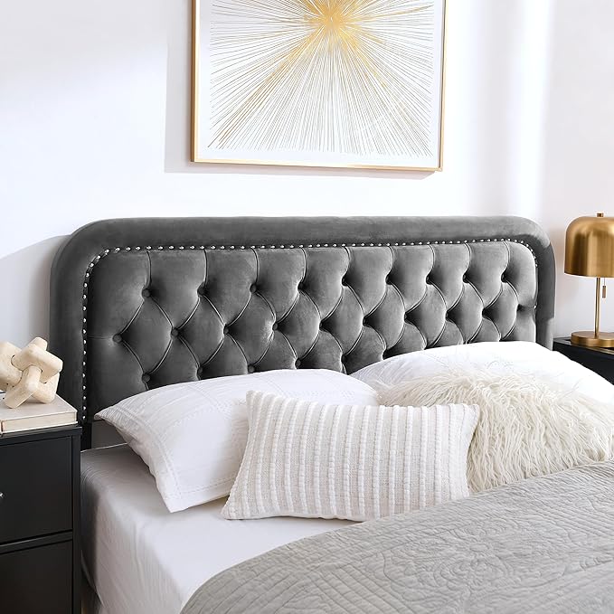 Tufted Upholstered Headboard,Button Solid Wood HeadBoards with Adjustable Height,Modern Performance Velvet Bed Head Boards,Easy Install&Nailhead (Grey, Full)