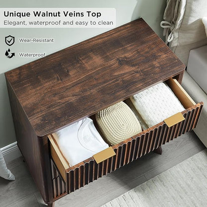 T4TREAM Fluted 3 Drawer Dresser, 32" Tall Modern Chest of Drawers, Curved Profile Design, Wood Drawer Organizer for Bedroom, Living Room, Hallway, Entryway, Dark Walnut