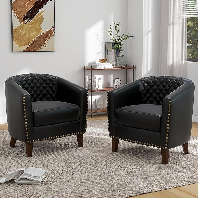 Pia Ricco Faux Leather Barrel Accent Chairs Set of 4, Modern Club Arm Chair Comfy Upholstered Single Sofa Chair with Solid Wood Legs and Nailhead Trim for Living Room/Reading Room, Black