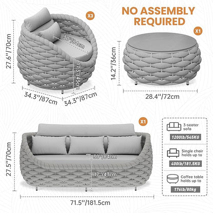 Aluminum Outdoor Patio Couch Set: 5 Pieces Woven Rope Porch Furniture Sofa Set - Metal Modern Deck Conversation Set - All Weather Assembled Courtyard Seating for Backyard Pool Hotel Resort, Grey