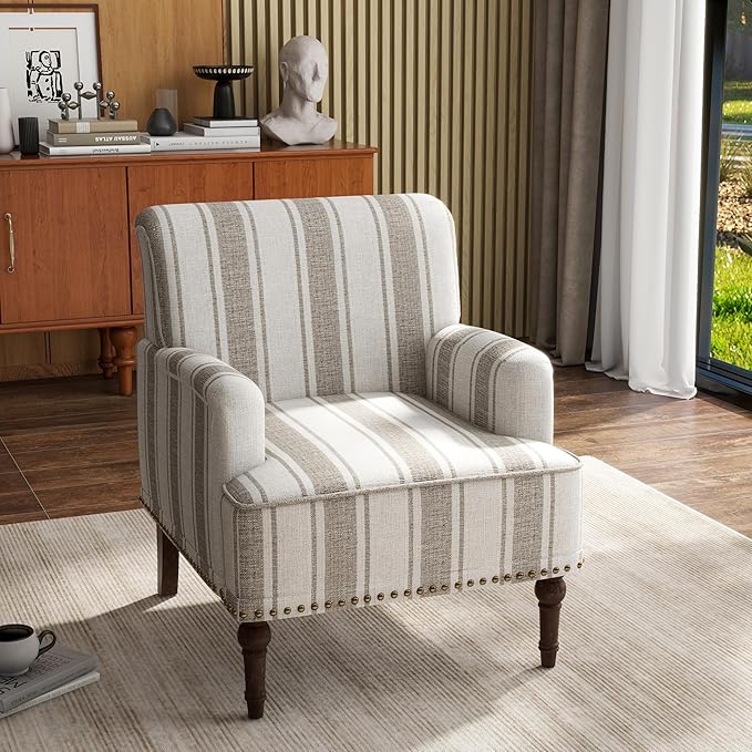 UIXE Stripe Accent Chairs Set of 2, Living Room Arm Chair Modern Nailhead Trim Club Armchair, Comfy Upholstered Sofa Lounge Seat Reading Seat Bedroom Side Seating for Home Office, Brown
