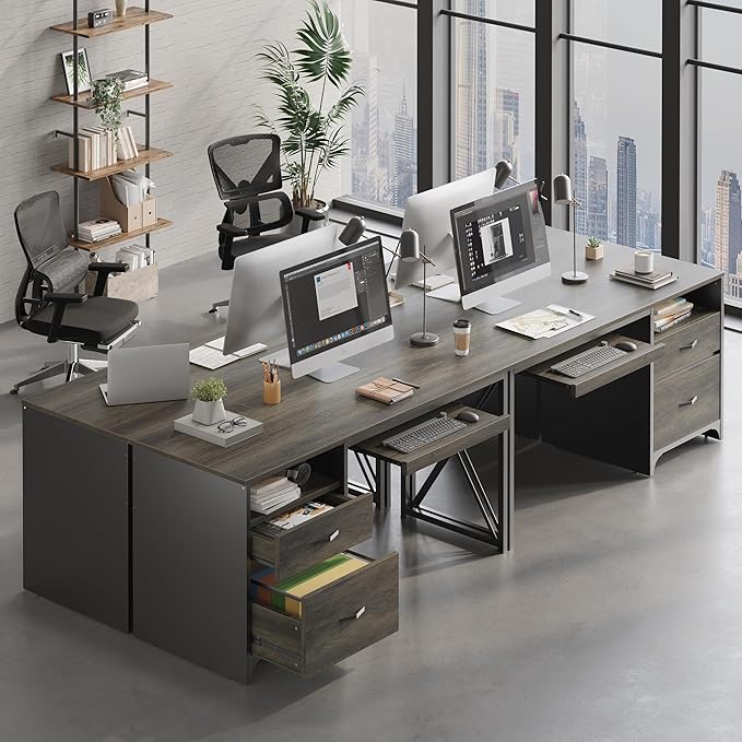 Bestier Office Desk with Drawers, 55 inch Industrial Computer Desk with Storage, Wood Teacher Desk with Keyboard Tray & File Drawer for Home Office, Dark Gray Oak