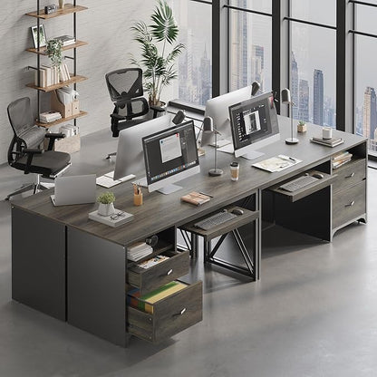 Bestier Office Desk with Drawers, 55 inch Industrial Computer Desk with Storage, Wood Teacher Desk with Keyboard Tray & File Drawer for Home Office, Dark Gray Oak